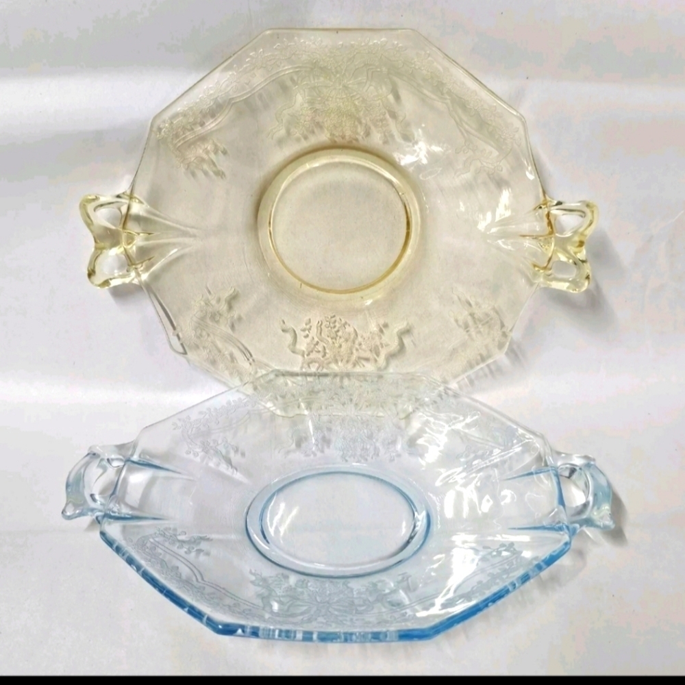 Collectible Fostoria Etched Yellow And Blue Double Handled Cheese Cracker Plates